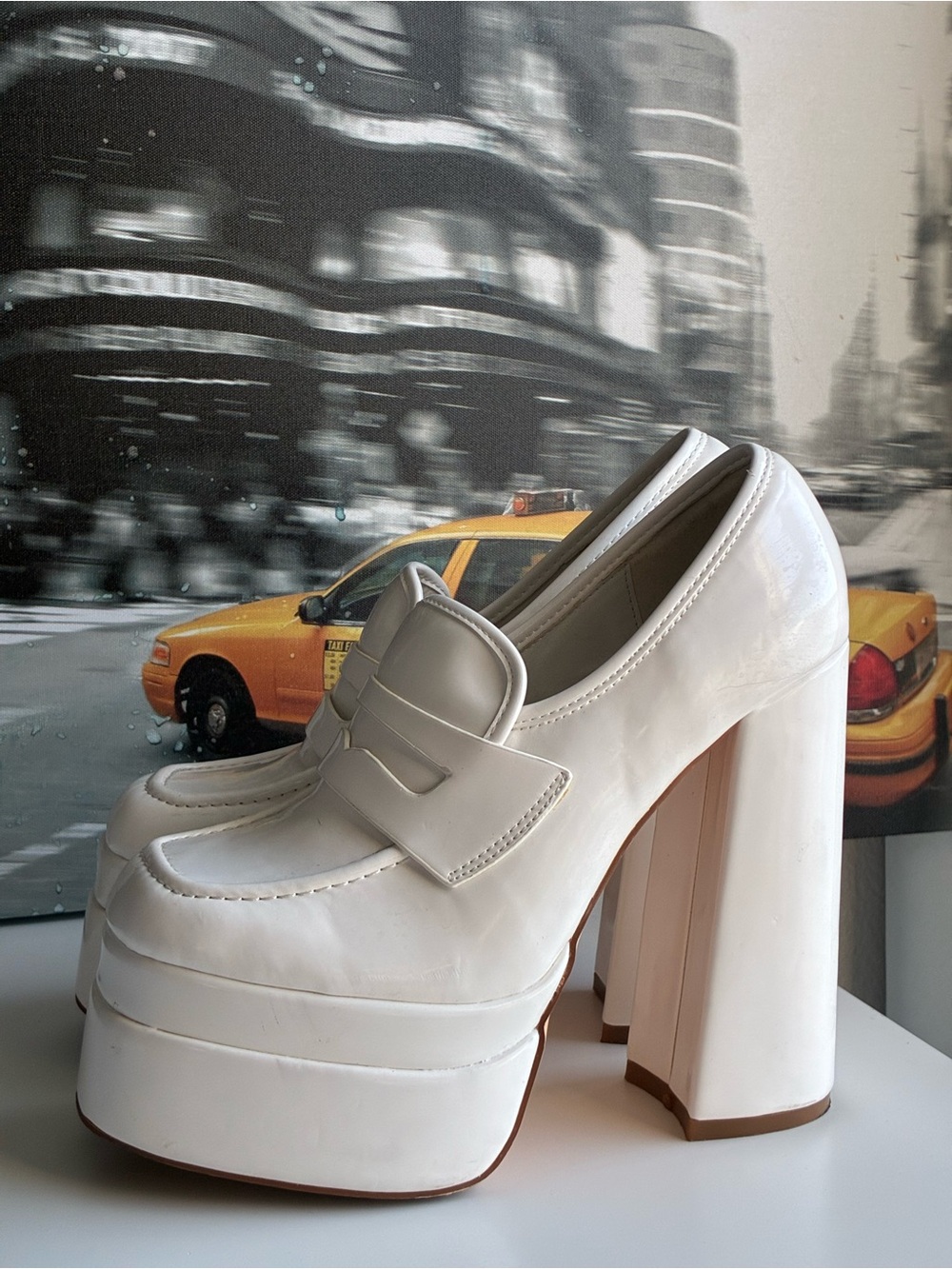 White Platform Block Heel Loafer Pumps - Women - Picture 2 of 5